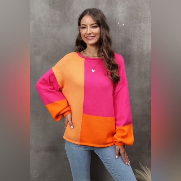 Color Block Round Neck Drop Shoulder Sweater - Picture 1 of 3
